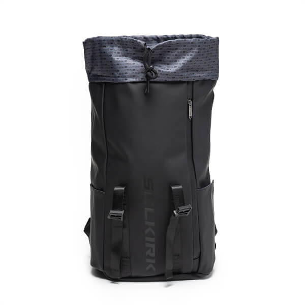Front view of the black Selkirk Labs Project Prestige Pickleball Backpack, featuring vertical "SELKIRK" text, a drawstring closure, and dual buckle straps.