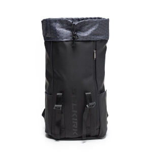 Front view of the black Selkirk Labs Project Prestige Pickleball Backpack, featuring vertical "SELKIRK" text, a drawstring closure, and dual buckle straps.