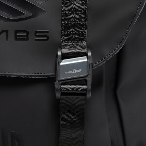 Close-up of the black Fidlock buckle and textured strap, featuring the FIDLOCK logo and partial LABS branding embossed on the matte black material.