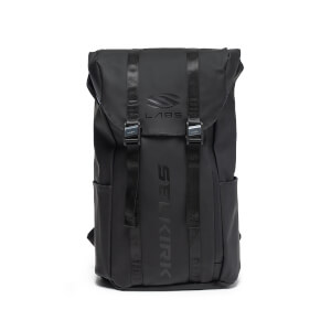 Front view of an all-black backpack with two vertical buckled straps, featuring the LABS logo on the top flap and the word SELKIRK embossed vertically down the center.