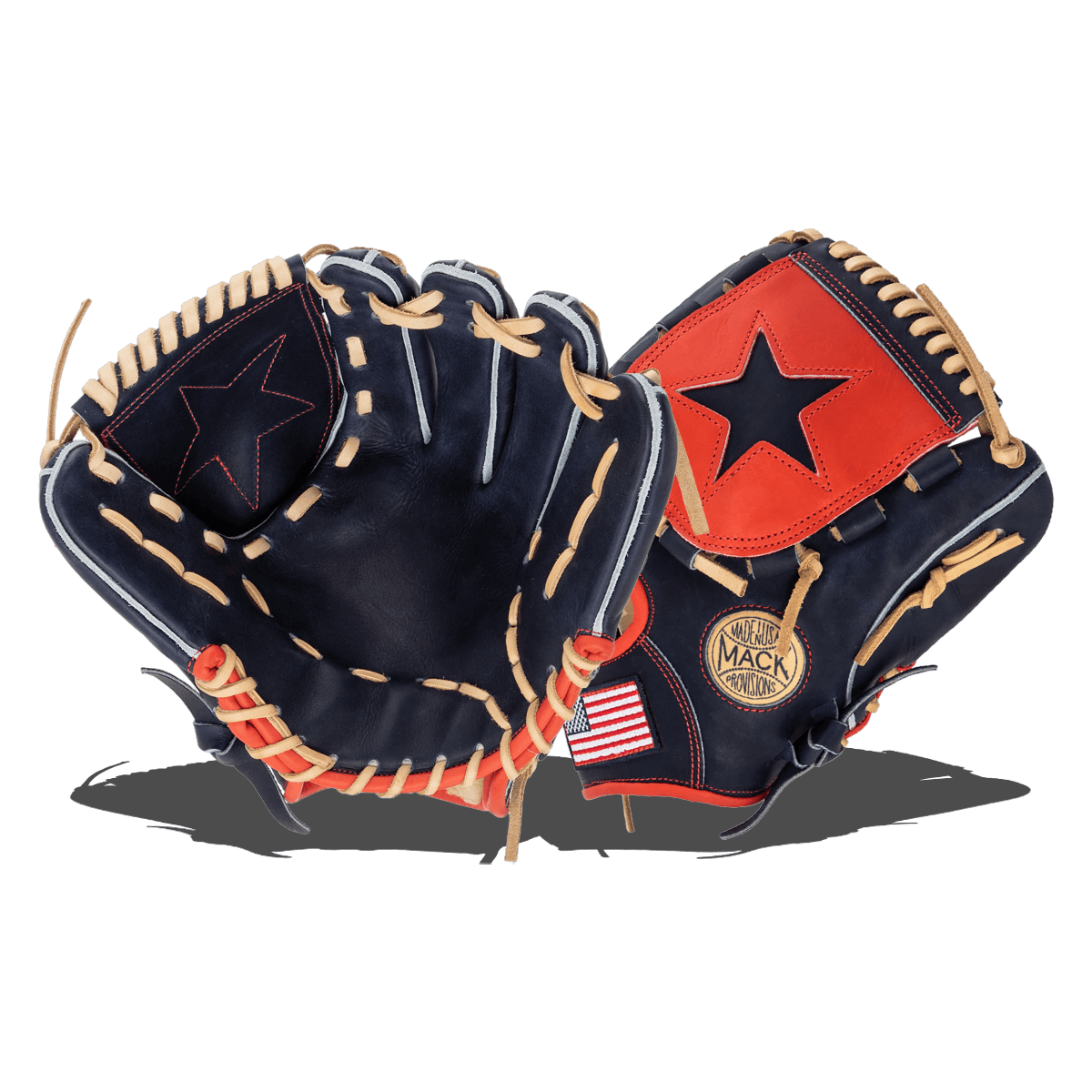 Front view of a navy baseball glove with orange accents, a black star, and "MACK PROVISIONS" logo.