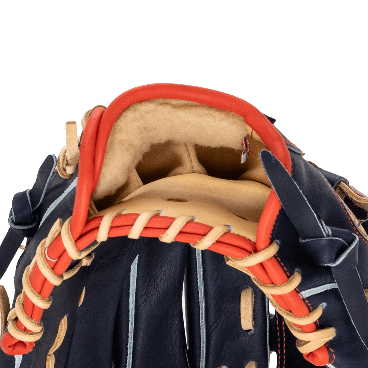 Close-up of the Mack Provisions Freedom Exclusive baseball glove showing the tan interior, red lacing, and navy exterior.