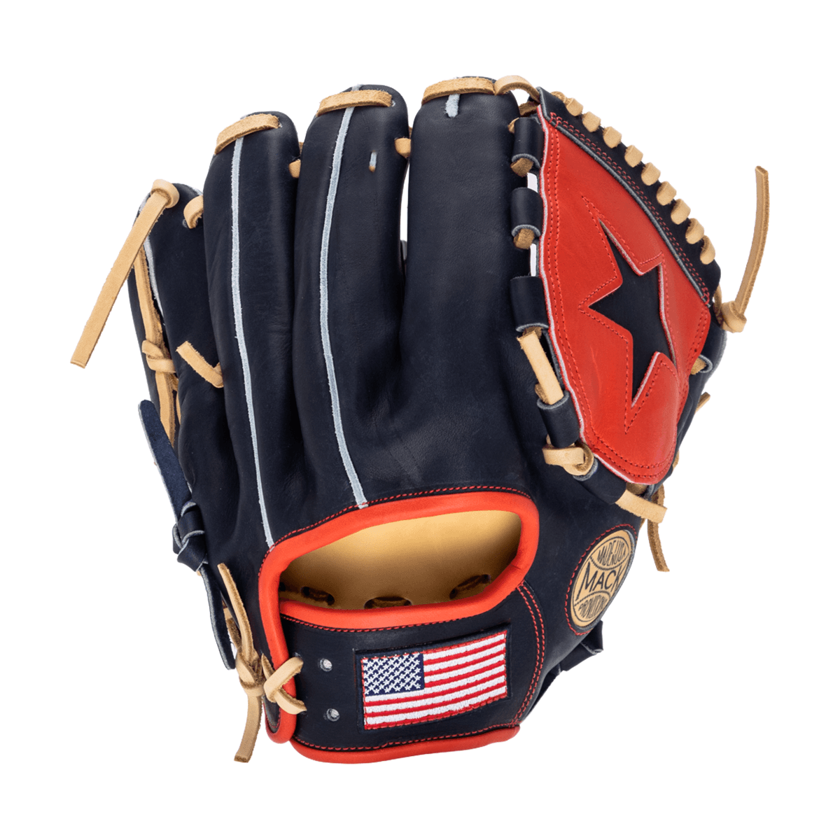 Front view of a navy baseball glove with red accents, a black star, and an American flag patch.