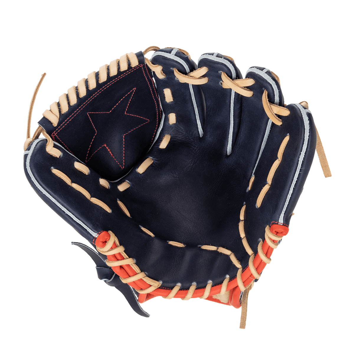 Front view of a navy baseball glove with a red stitched star, tan lacing, and orange accents.