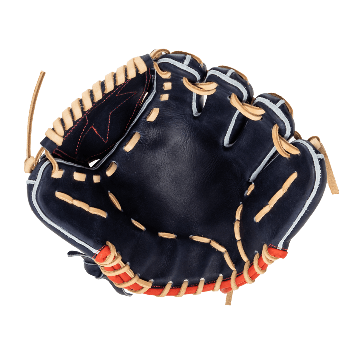 Top-down view of a dark blue baseball glove featuring tan lacing and orange accents.