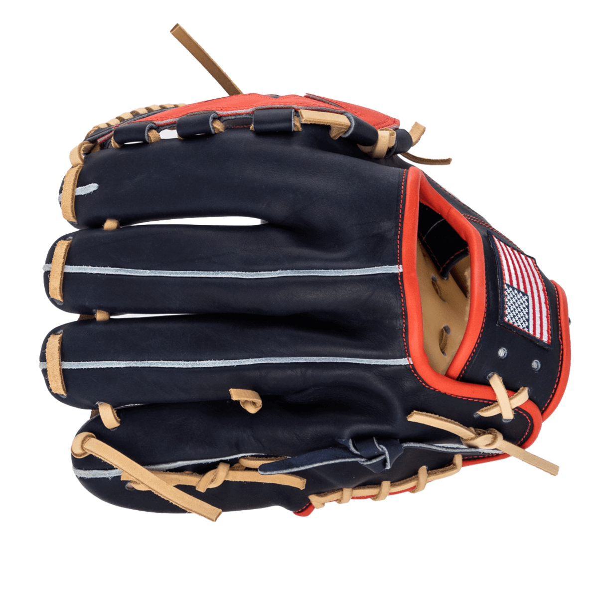 Front view of a navy baseball glove with red trim, white stitching, and an American flag patch.