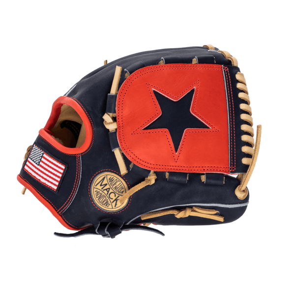 Side view of a navy and red baseball glove featuring a black star, American flag patch, and "MACK PROVISIONS" text.