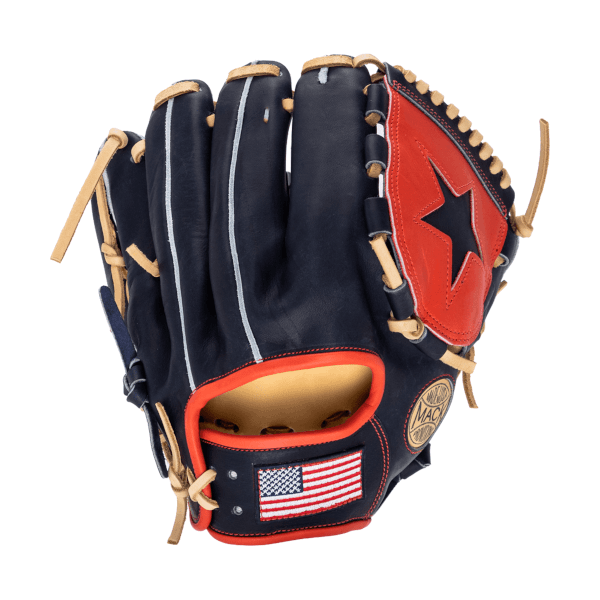 Front view of a navy baseball glove with red accents, a black star, and an American flag patch.