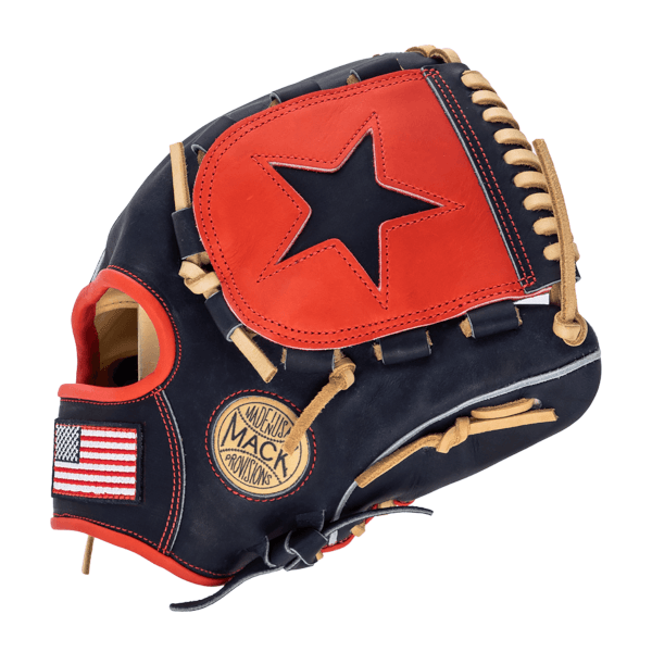 Close-up view of a navy baseball glove featuring a red star patch, an American flag patch, and "MACK PROVISIONS" text.