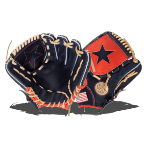 Front view of a navy baseball glove with orange accents, a black star, and "MACK PROVISIONS" logo.