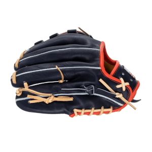 Side view of a navy baseball glove with orange trim, tan lacing, and white accent stitching.