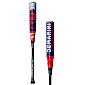 Front view of a blue and red baseball bat with "DEMARINI" prominently displayed, "SINCE 1989", and "GO07".