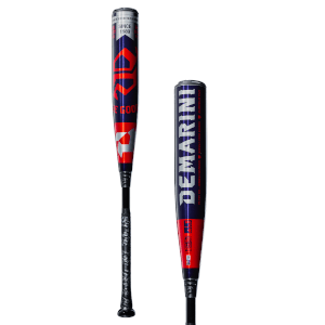 Side view of a DeMarini baseball bat featuring a red, white, and blue design with the "DEMARINI" logo prominently displayed.