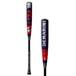 Front view of a blue and red baseball bat with "DEMARINI" and "SINCE 1989" visible.