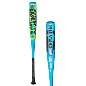 Side view of a blue DeMarini baseball bat with neon green and black graphics, showing "EXILE" and "-10" markings.
