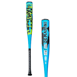 Side view of a blue baseball bat with "DEMARINI" and "EXILE" text, featuring a circuit board pattern.