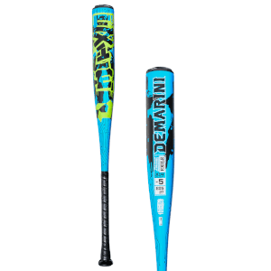Side view of a blue baseball bat with black and green "EXILE" graphics and "DEMARINI" text.