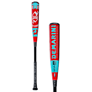 Front view of a red and teal baseball bat with "DEMARINI" and "USA BASEBALL" text, showing the barrel and grip.