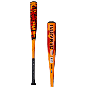 Front view of an orange baseball bat with a red and black graphic pattern; "DEMARINI", "EXILE", and "USA BASEBALL" are visible.