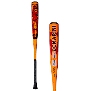 Side view of an orange baseball bat with red and black EXILE graphics and the DEMARINI logo.