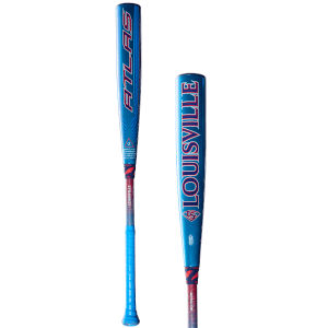 Front view of a blue Louisville Slugger baseball bat with "ATLAS" and "LOUISVILLE" text.