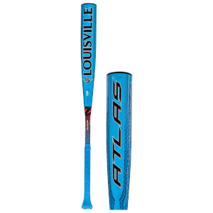 Front view of a blue baseball bat with "LOUISVILLE" in black and red lettering and "ATLAS" on the barrel.