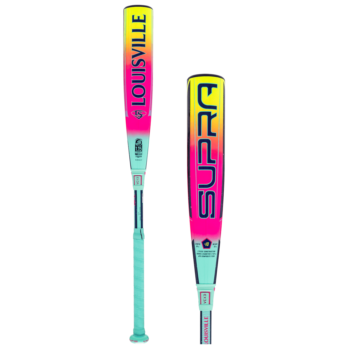 Teal, pink and yellow 2027 Louisville Slugger Supra -10 USSSA baseball bat product photo