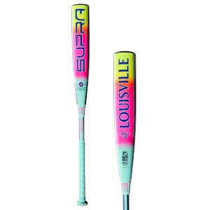 Side view showing a Louisville Supra bat with a gradient of yellow, pink, and teal, and the text "LOUISVILLE" and "SUPRA".