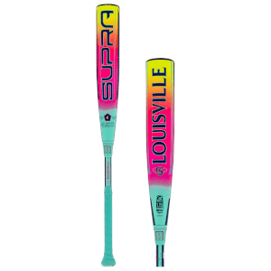 Front view of two Louisville Supra baseball bats with bright pink and yellow gradient branding.