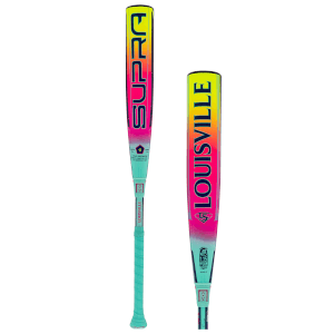 Front view of a Louisville "SUPRA" baseball bat with a neon pink, orange, and yellow gradient and a teal grip.