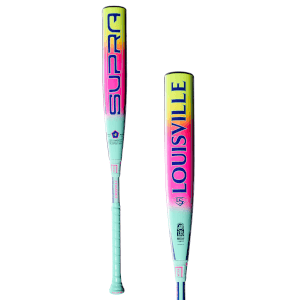 Side view showing the "SUPRA" brand name in blue and pink gradient on a teal baseball bat.