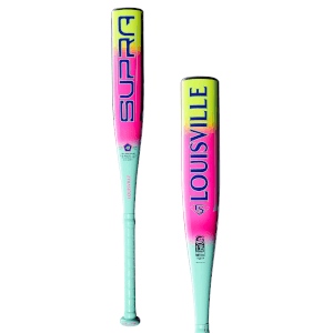 Side view of a Louisville baseball bat with "SUPRA" in blue and pink, a yellow and pink gradient barrel, and a light blue grip.