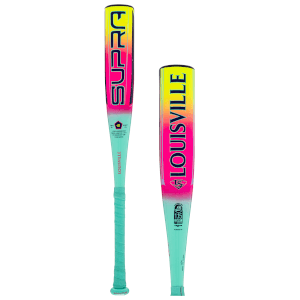 Front view of Louisville Slugger Supra bat with a neon gradient and "LOUISVILLE" text.
