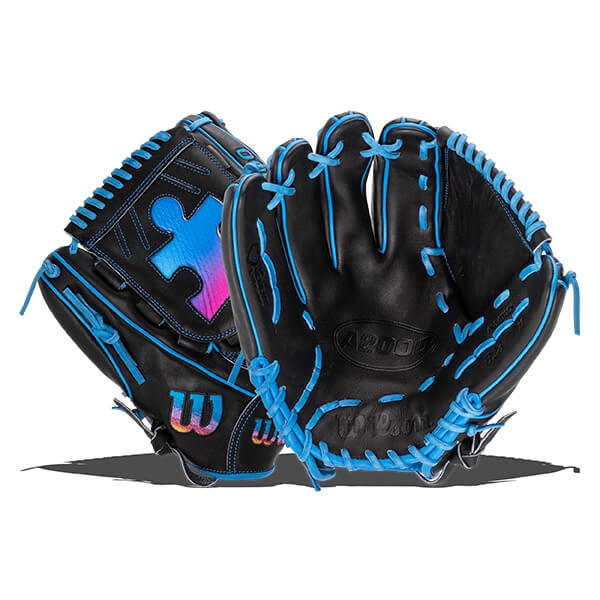 Front and back views of a black baseball glove featuring bright blue laces, a colorful puzzle piece on the web, and embossed Wilson and A2000 branding.