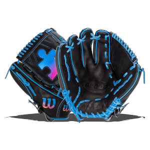 Front and back views of a black baseball glove featuring bright blue laces, a colorful puzzle piece on the web, and embossed Wilson and A2000 branding.
