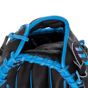 Close-up of the wrist opening featuring black leather, vibrant blue piping, and blue laces, with a glimpse of the colorful Wilson logo on the side.