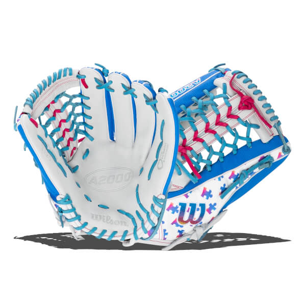 Front view of a white and blue softball glove with puzzle piece patterns and blue and pink laces, featuring Wilson and A2000 branding on the white palm.