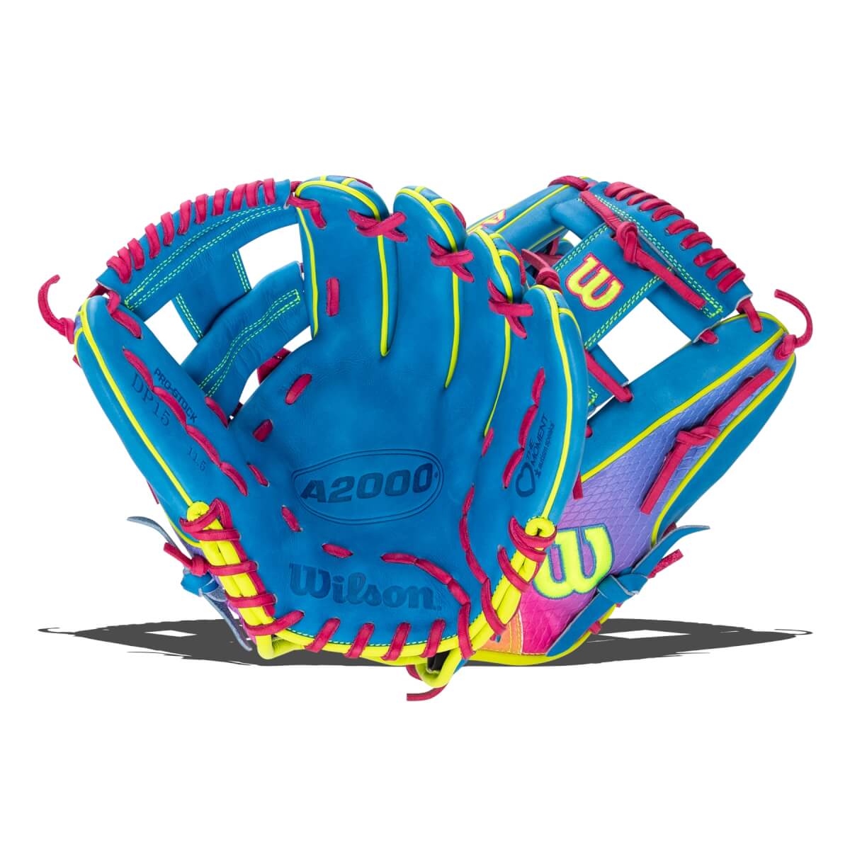 Front view of a bright blue Wilson A2000 baseball glove with pink laces and yellow accents, featuring the "Wilson" and "Love the Moment" Autism Speaks branding.