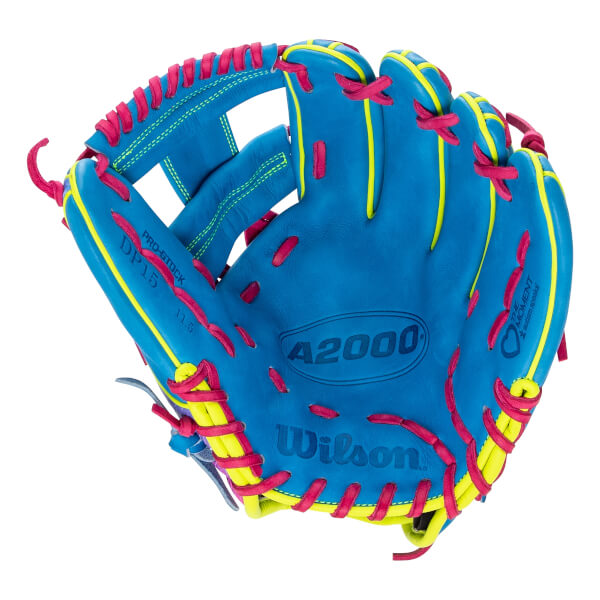 Front view of a blue Wilson A2000 DP15 baseball glove with pink laces and yellow trim, featuring 'A2000' and 'Wilson' logos and the Autism Speaks logo.