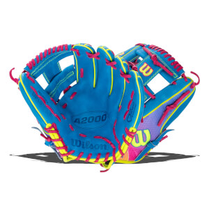 Front view of a bright blue Wilson A2000 baseball glove with pink laces and yellow accents, featuring the "Wilson" and "Love the Moment" Autism Speaks branding.