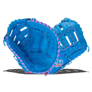 Front view of a bright blue catcher's mitt with pink accents, featuring the "A2000" logo on the palm and the Wilson "W" logo on the side.