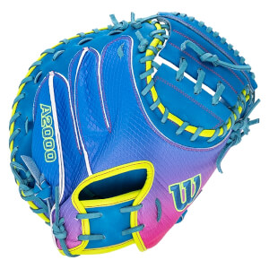 Back view of a blue and pink gradient catcher's mitt with yellow accents and snakeskin texture, featuring "A2000" and a Wilson "W" logo.