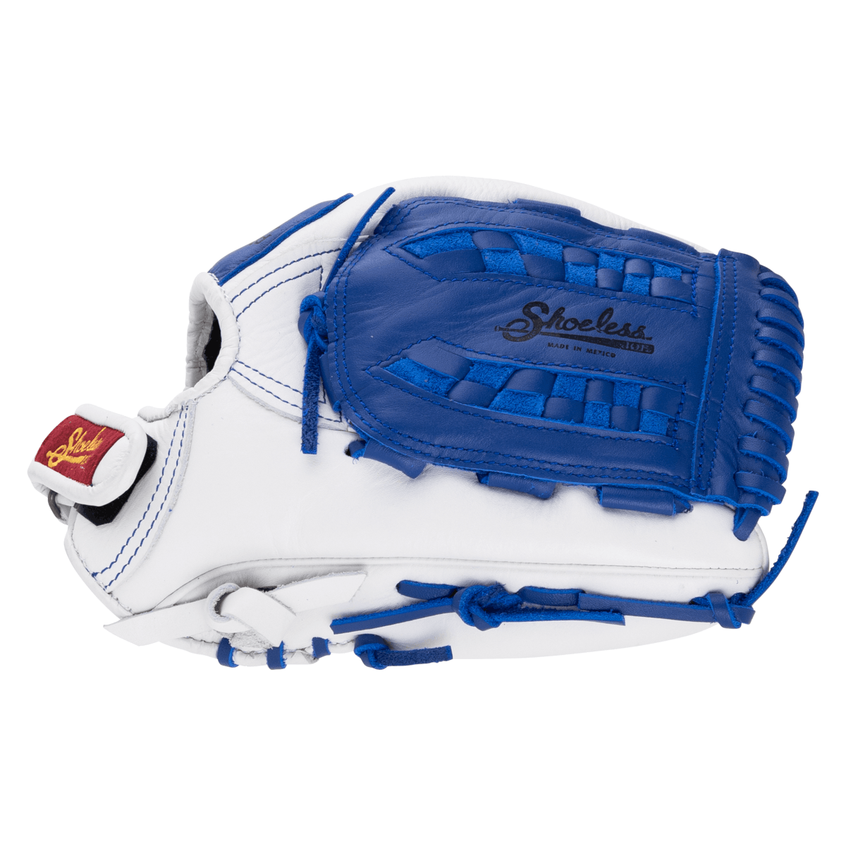 Side view of a white and blue baseball glove with "Shoeless" logo and blue lacing.
