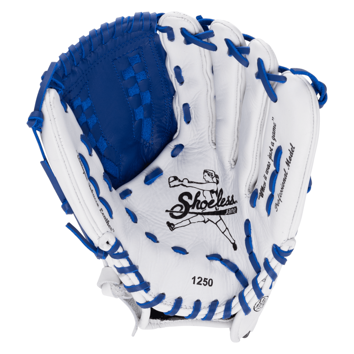 Top-down view of a white and blue baseball glove with "Shoeless Jane" logo, "1250" model number, and "Professional Model" text.