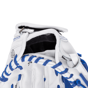 Interior view of a white baseball glove with blue lacing and a "Made in Mexico" stamp.