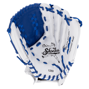 Top-down view of a white and blue baseball glove with "Shoeless Jane" logo, "1250" model number, and "Professional Model" text.