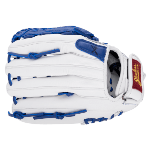 Side view of a white baseball glove with blue lacing and trim, featuring a maroon patch with gold text.