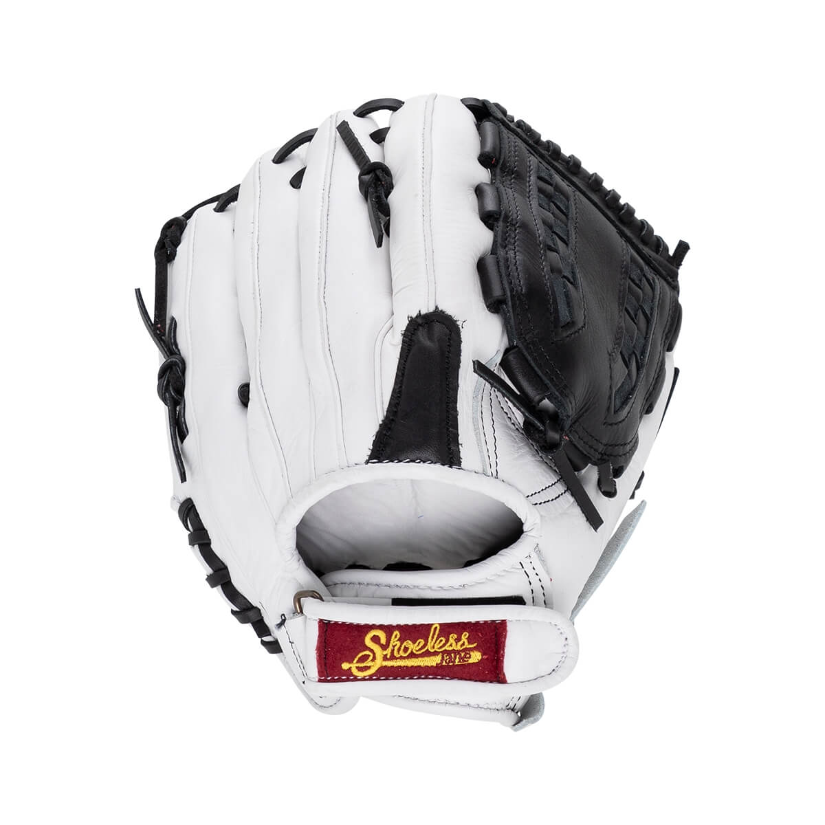 Back view of a white leather baseball glove with a black basket weave web and a red wrist strap patch featuring the Shoeless Joe logo.