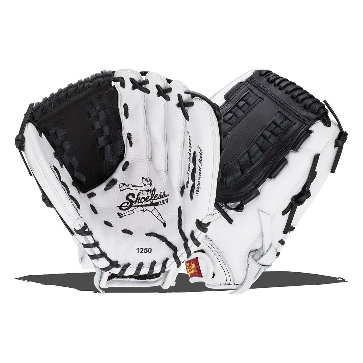 Front and back views of a white softball glove with black laces and webbing, featuring the Shoeless Jane logo and the number 1250 on the palm.