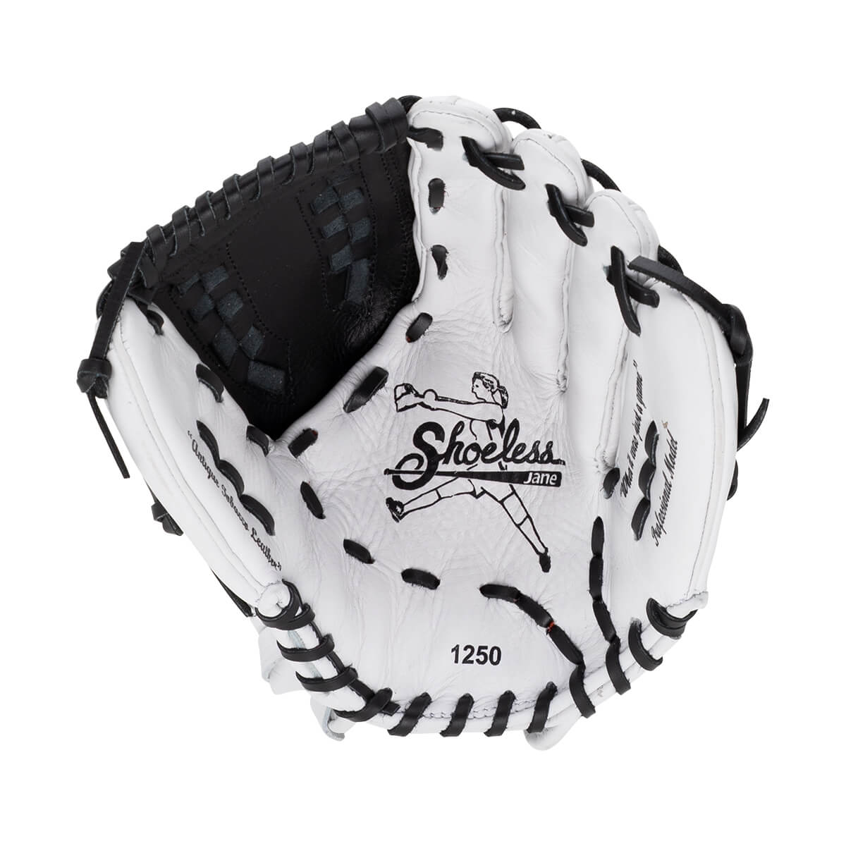 Front view of a white leather softball glove with black stitching and a black web, featuring the Shoeless Jane logo and the number 1250 on the palm.